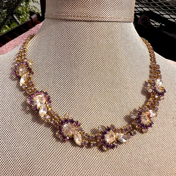 Vintage Purple Rhinestone Statement Necklace Mid-Century Glam Choker / Collar - Picture 1 of 4